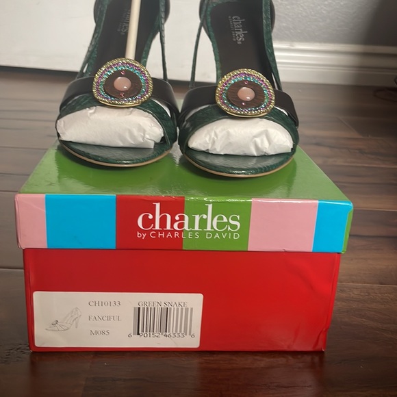 Charles david green and brown open toe pumps with jewel accent piece. - Picture 3 of 10